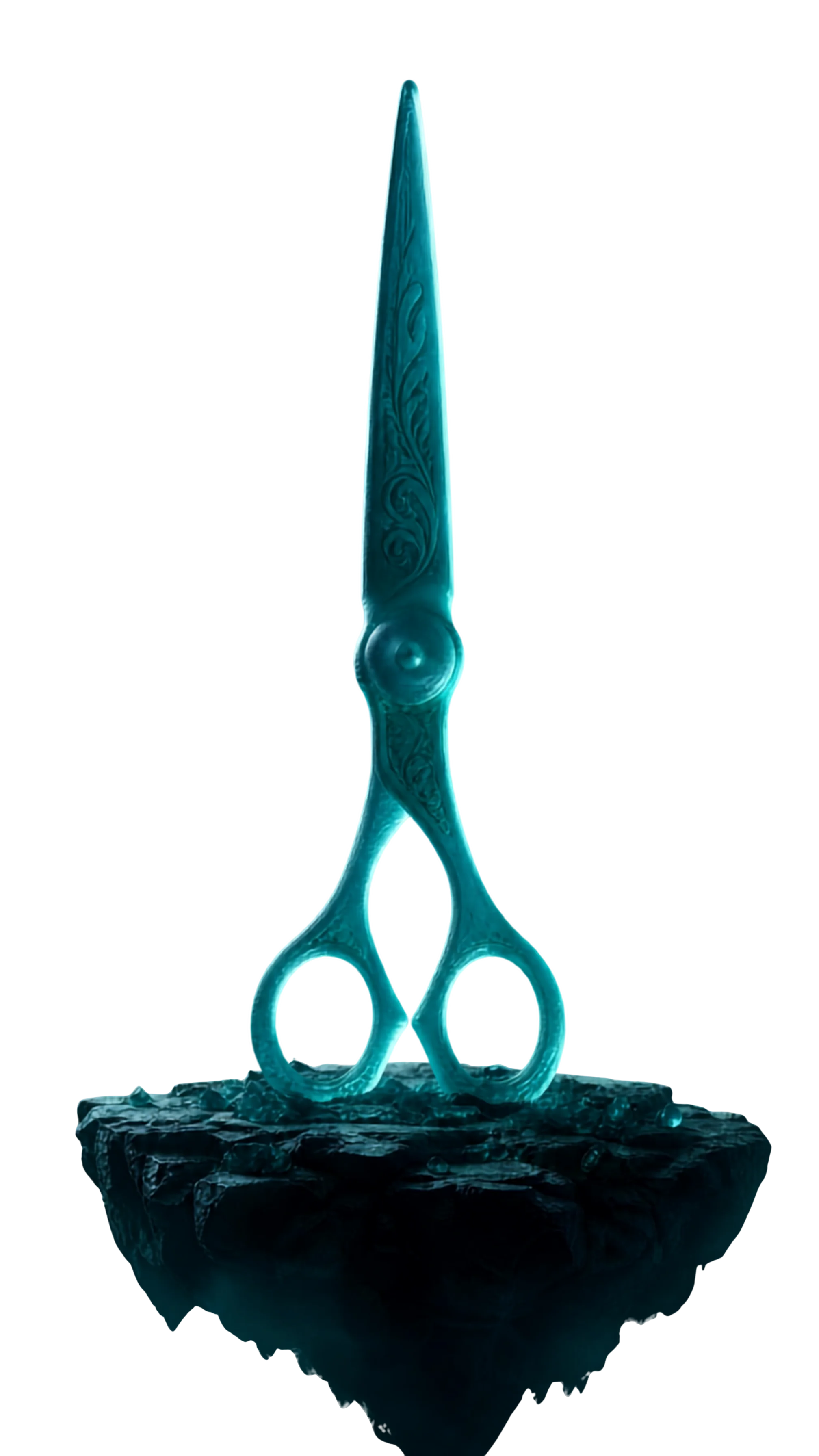 Monumental scissors carved from frosted teal sea glass, standing blades-up on a floating island of dark rock